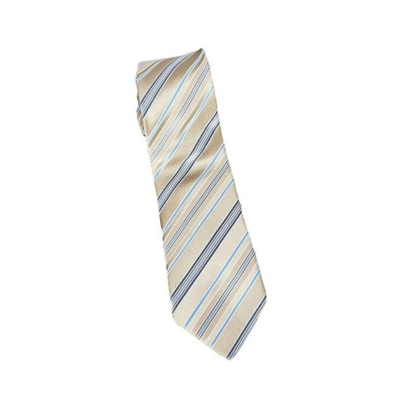 Michael Kors Men's 100%‎ Silk Neck Tie Tan White Blue Striped Business Office - Picture 1 of 9